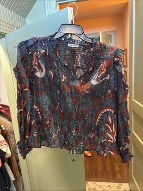 Ulla Johnson Blue and Rust Paisley-Print Ruffled V-Neck Blouse
